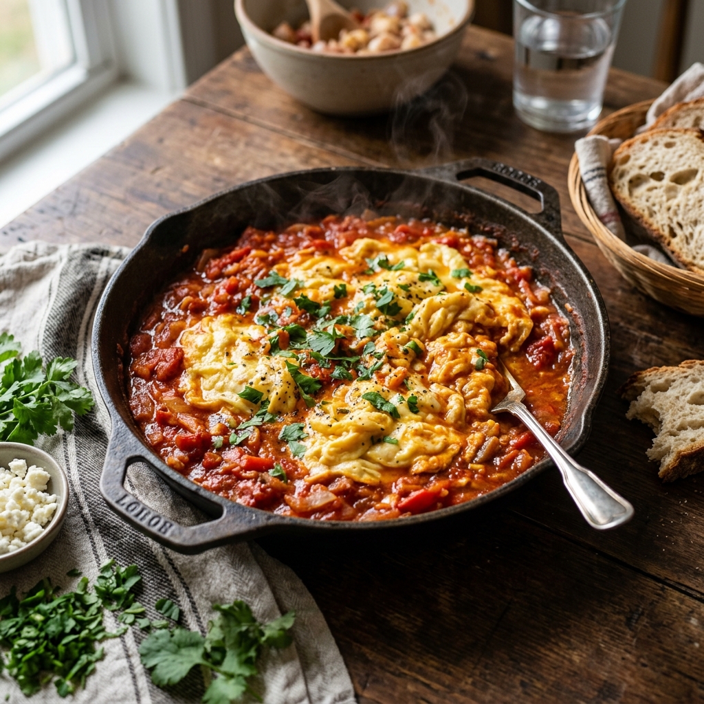 A savory, traditional dish of soft scrambled eggs folded into a warm tomato sauce in a cast-iron skillet.