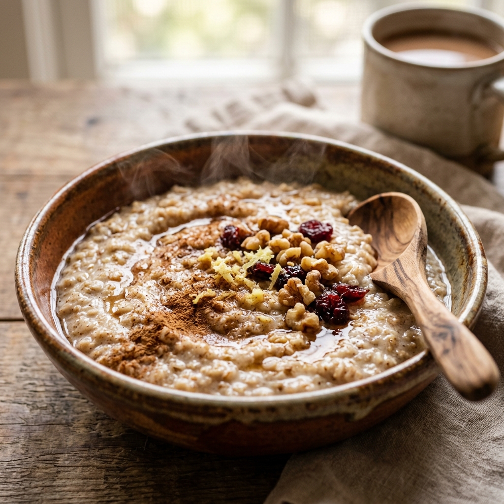 A close-up of a warm bowl of creamy oatmeal infused with cinnamon and ginger with steam rising.