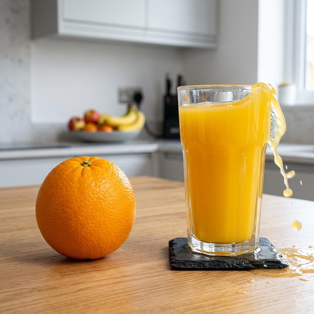A whole, unpeeled orange next to a glass of processed, pulpless orange juice spilling over.
