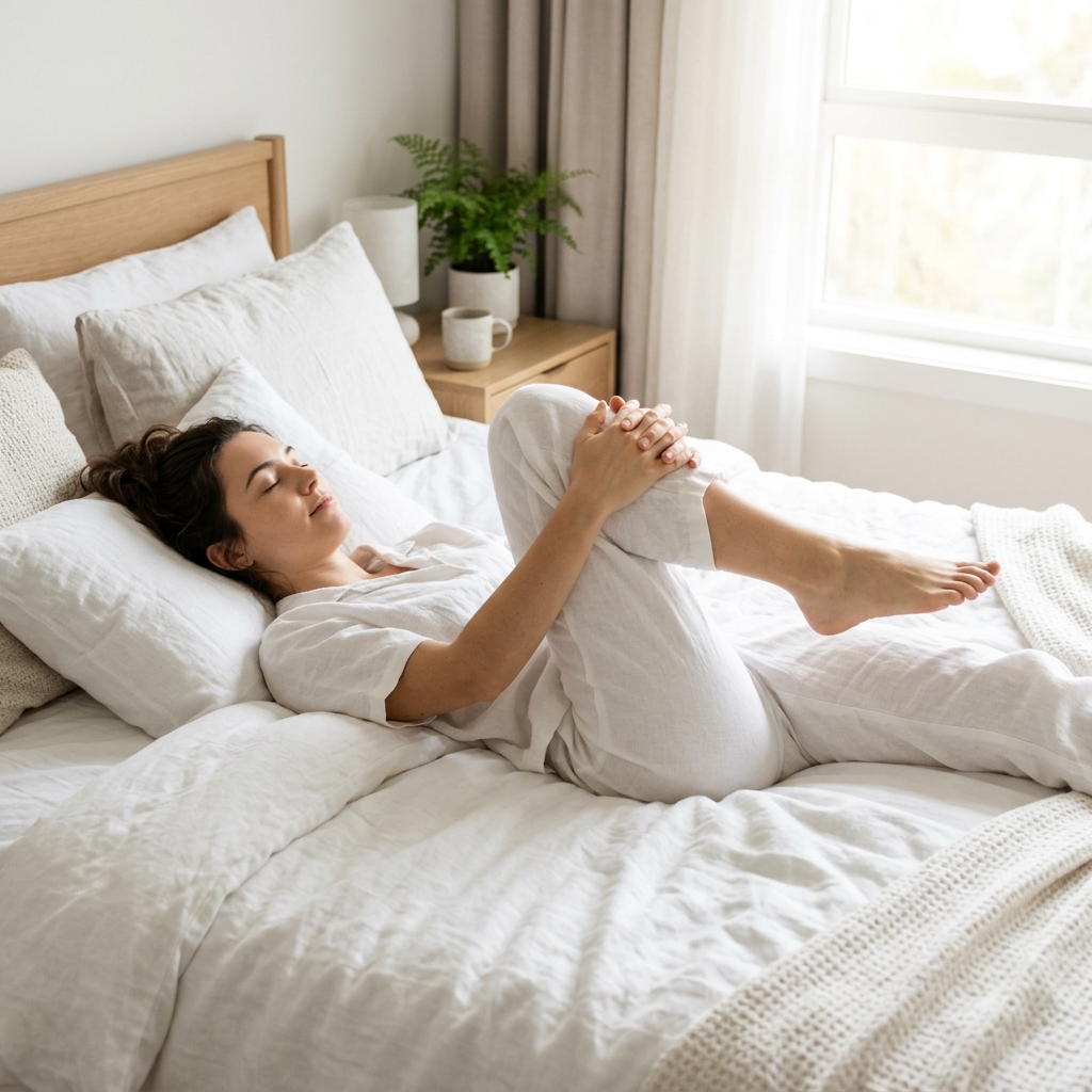 A woman lying in bed hugging her right knee to her chest, the first step in the wind-relieving pose to compress the ascending colon.