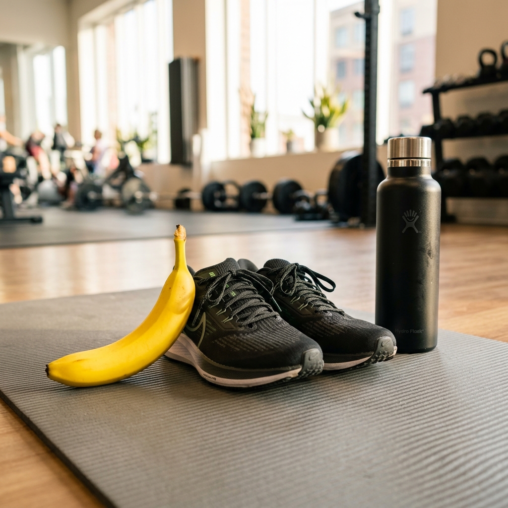 A bright yellow banana resting next to running shoes and a water bottle at the gym.