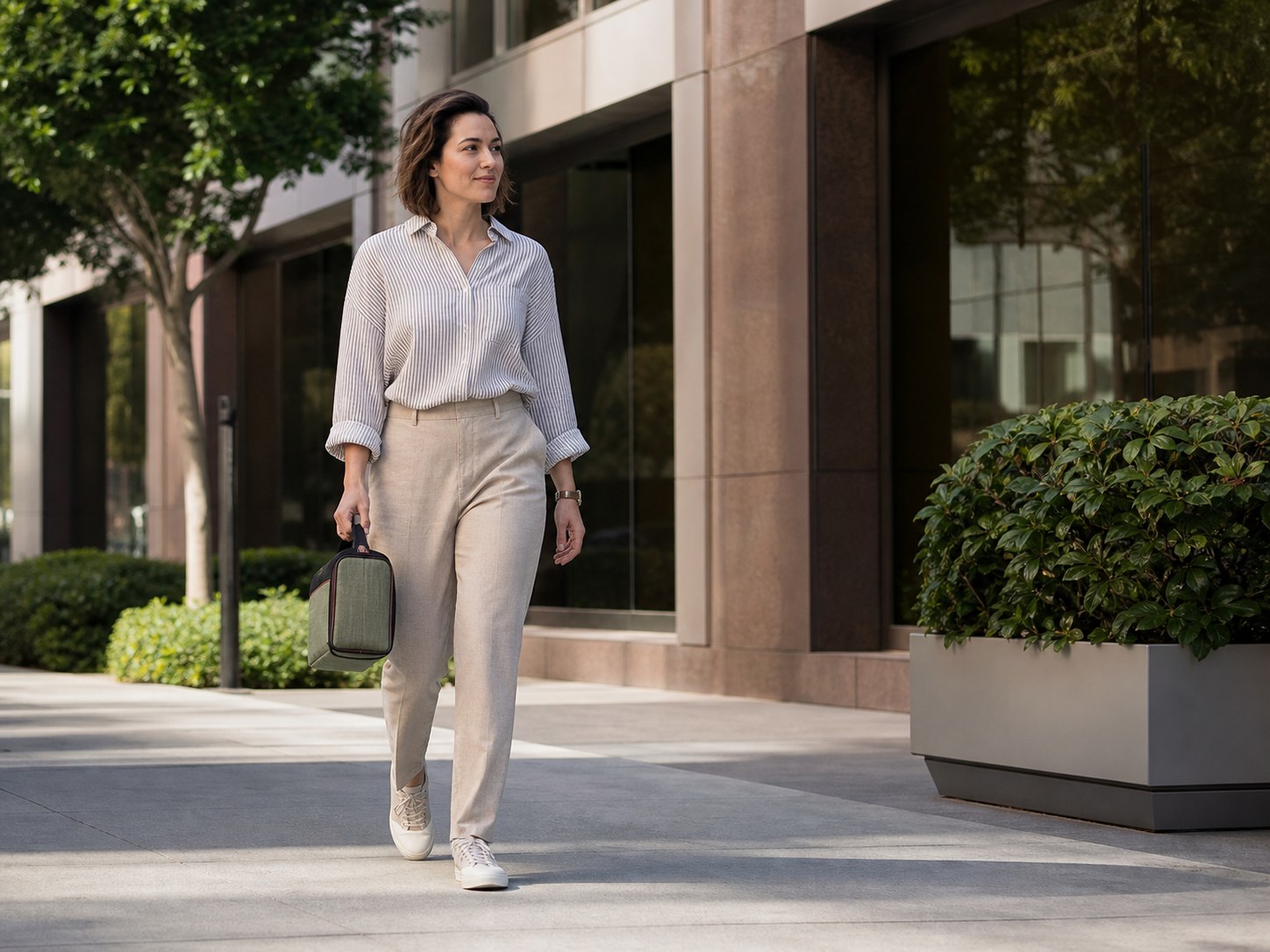 A professional taking a short walk outside an office after lunch to help relieve trapped gas and afternoon bloating.
