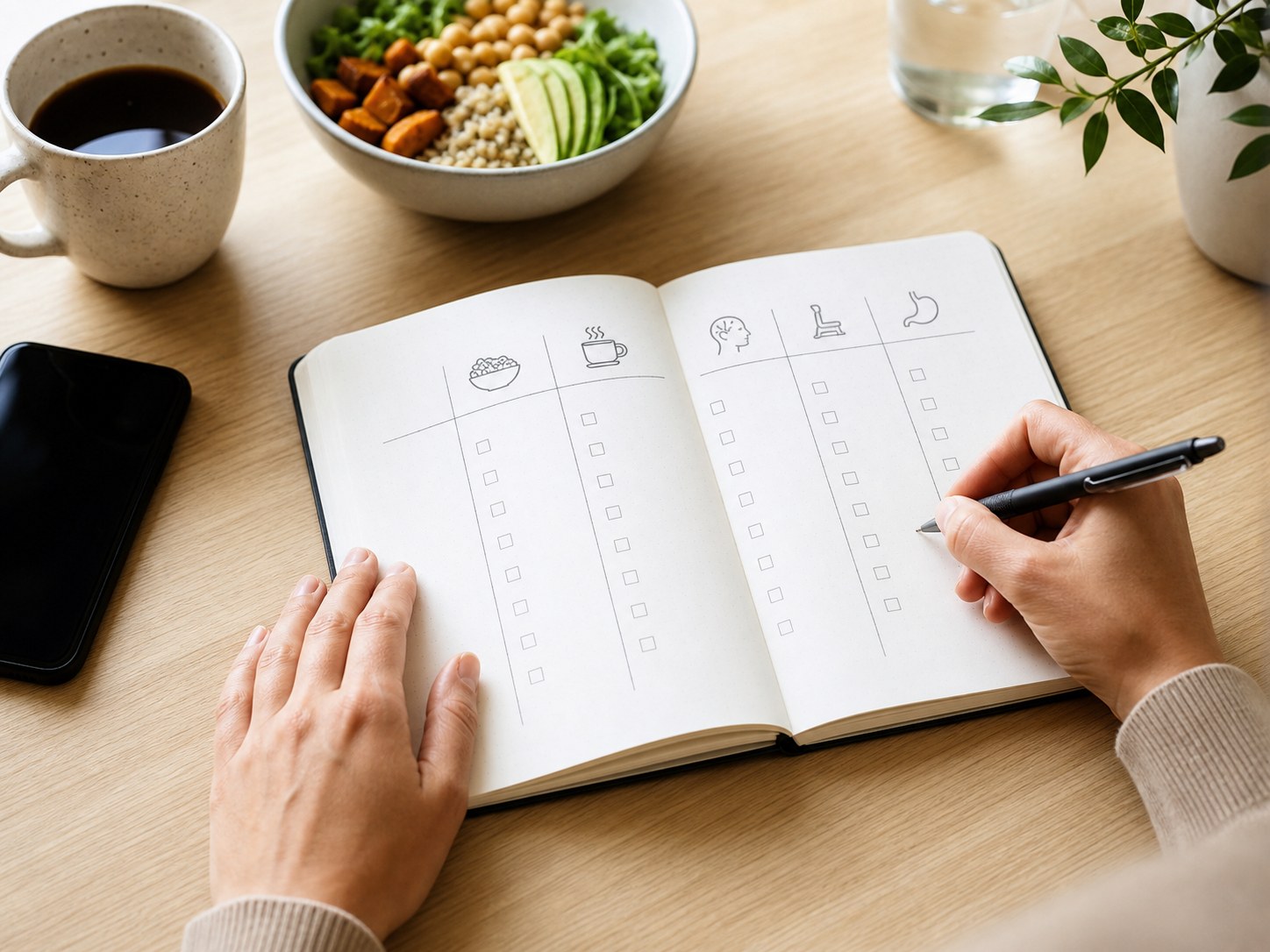 A realistic notebook and phone on a desk used to track lunch, coffee, stress, sitting, and bloating symptoms for five workdays.