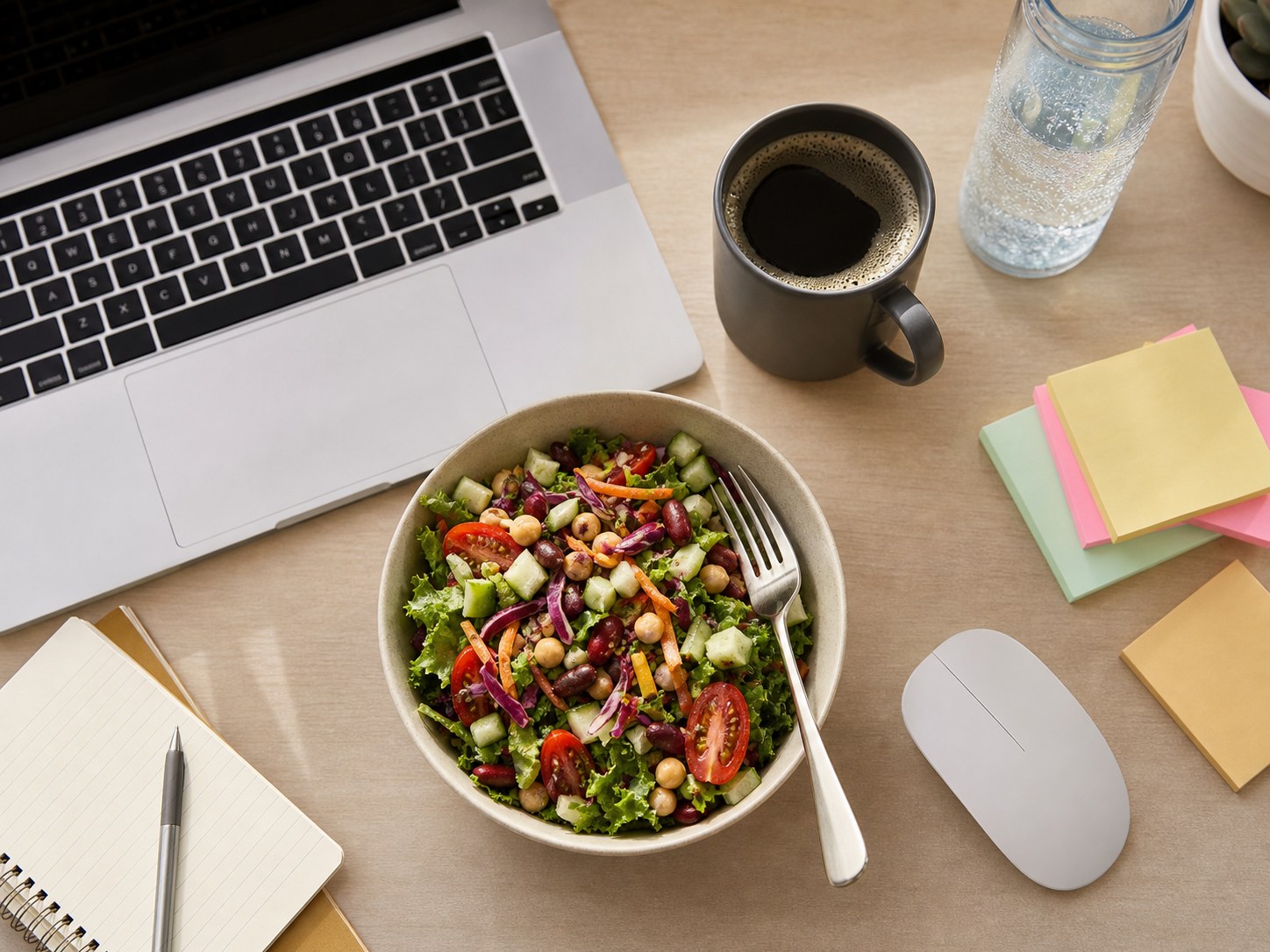 A realistic desk lunch setup with coffee, a salad bowl, laptop, and calendar pressure showing how workday triggers can stack before bloating.