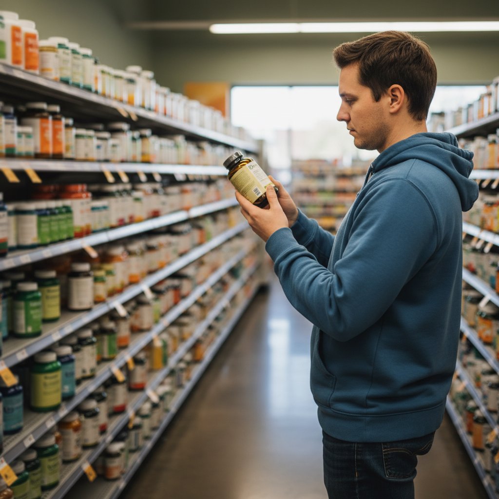 A person reading a supplement label in the vitamin aisle
