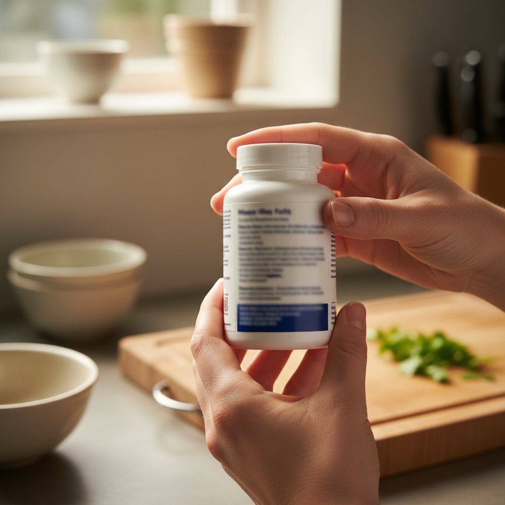 Close-up of hands holding a vitamin bottle turned to the Supplement Facts panel on the back