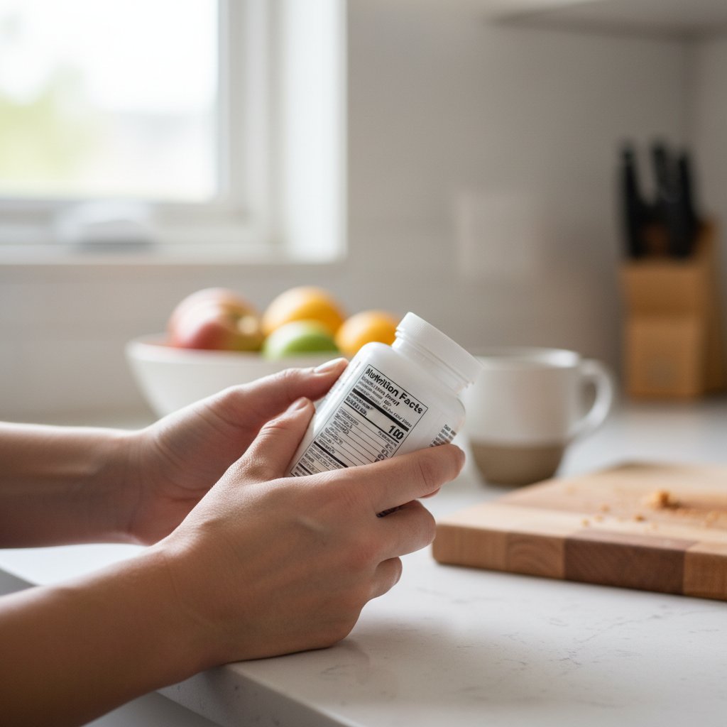 A person turning a vitamin bottle around to read the back — how to read a vitamin label