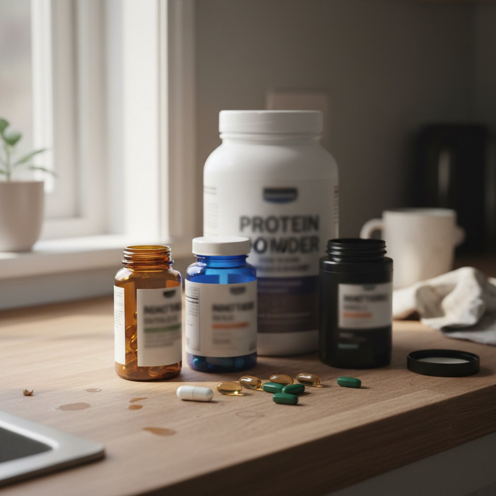 An assortment of vitamin and supplement bottles on a counter