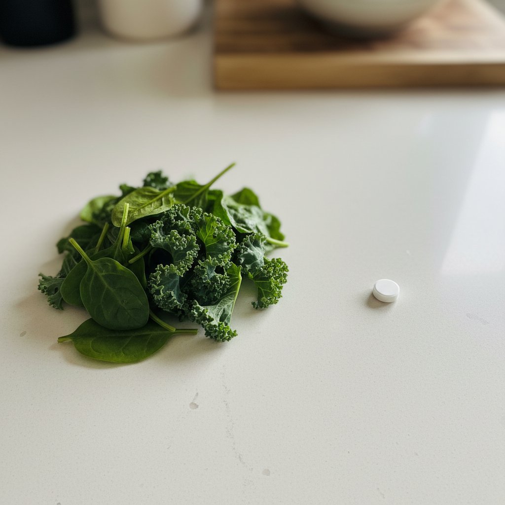 Balance scale weighing leafy greens against a warfarin pill, showing vitamin K balance
