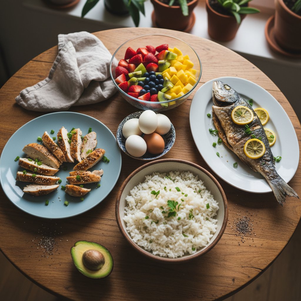 A varied flat-lay of low vitamin K meals: fish, chicken, rice, fruit and eggs