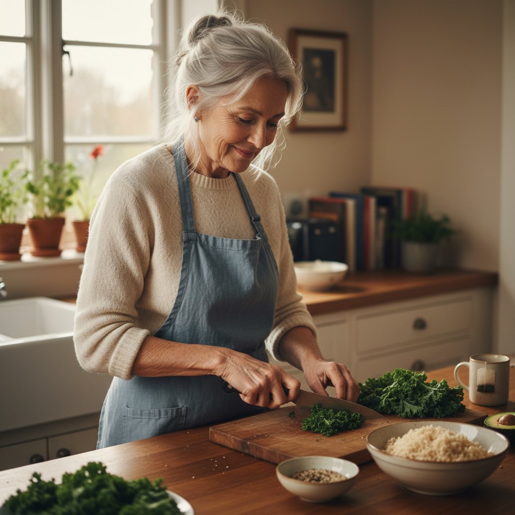 A calm older adult preparing a steady, gut-friendly meal at home