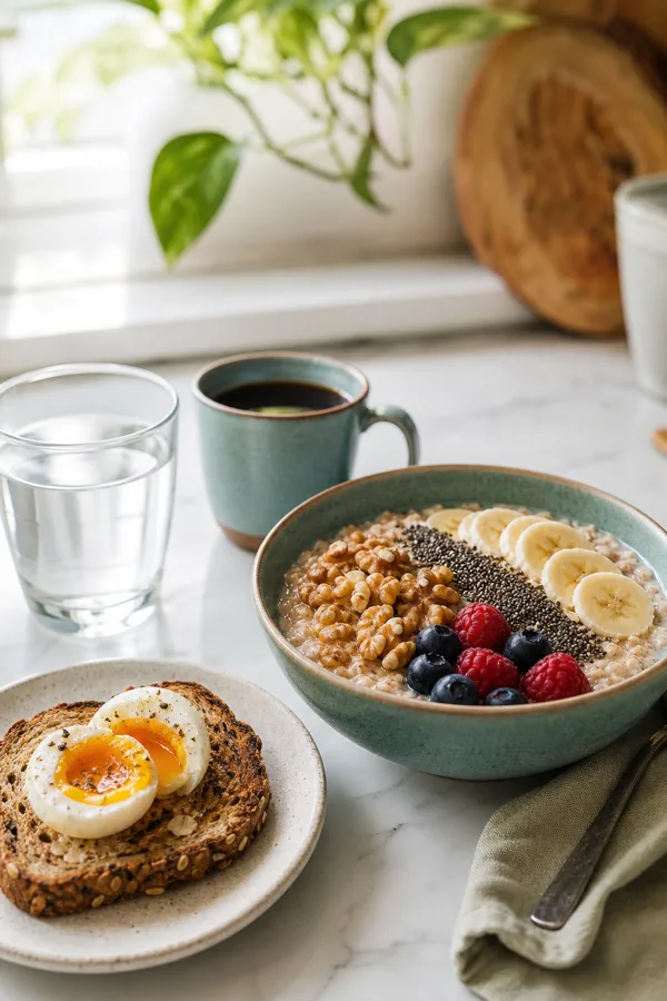 Protein and fiber breakfast with oatmeal, berries, chia, walnuts, egg toast, water and coffee