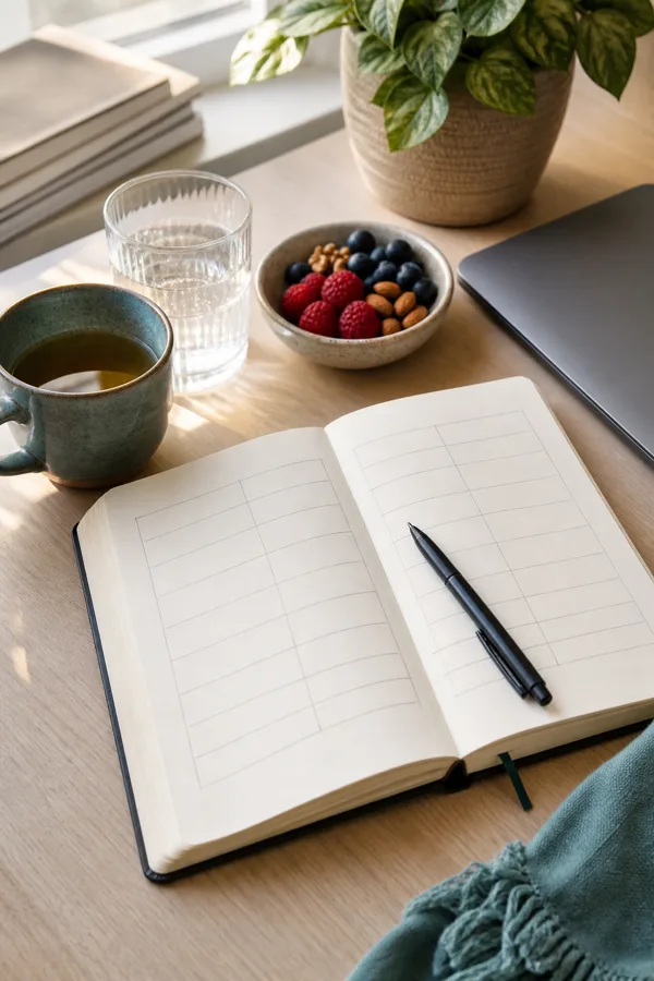 Open blank workday gut trigger journal with pen, herbal tea, water, berries, nuts and laptop nearby