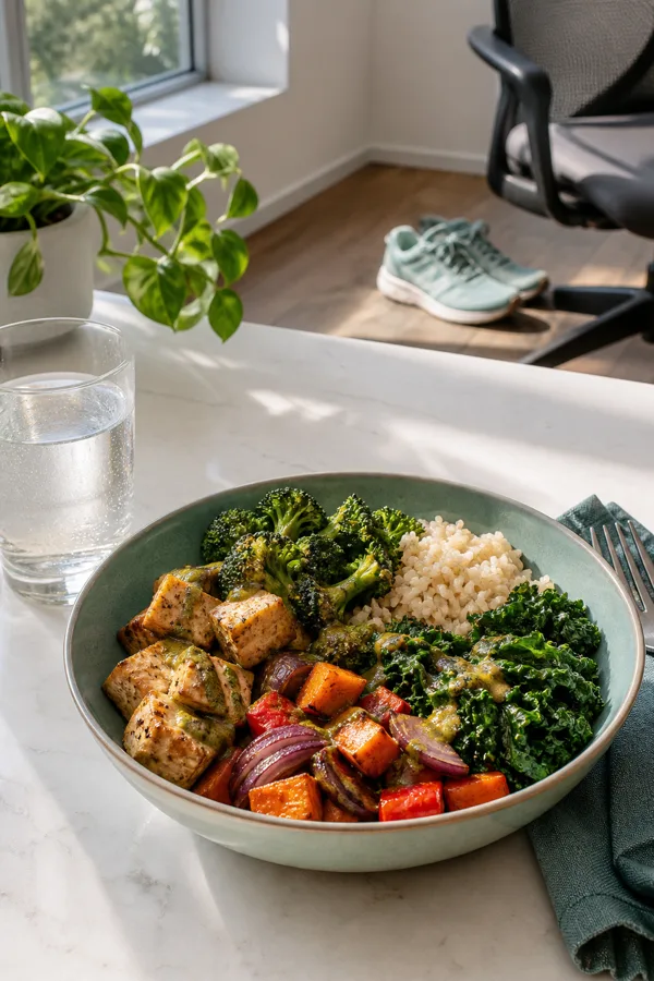 Balanced lunch bowl with rice, tofu, cooked greens, roasted vegetables, water and walking shoes nearby
