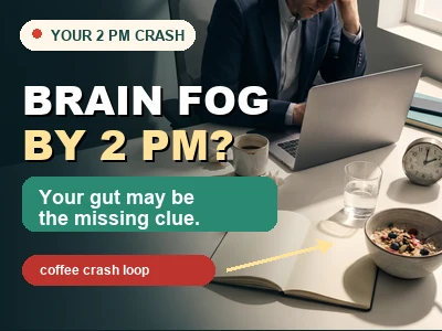 Brain Fog by 2 PM featured image showing stressed desk worker, coffee crash loop, gut clue, journal, water and oatmeal