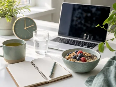 Gut-friendly oatmeal, herbal tea, water, notebook and laptop on a bright work desk