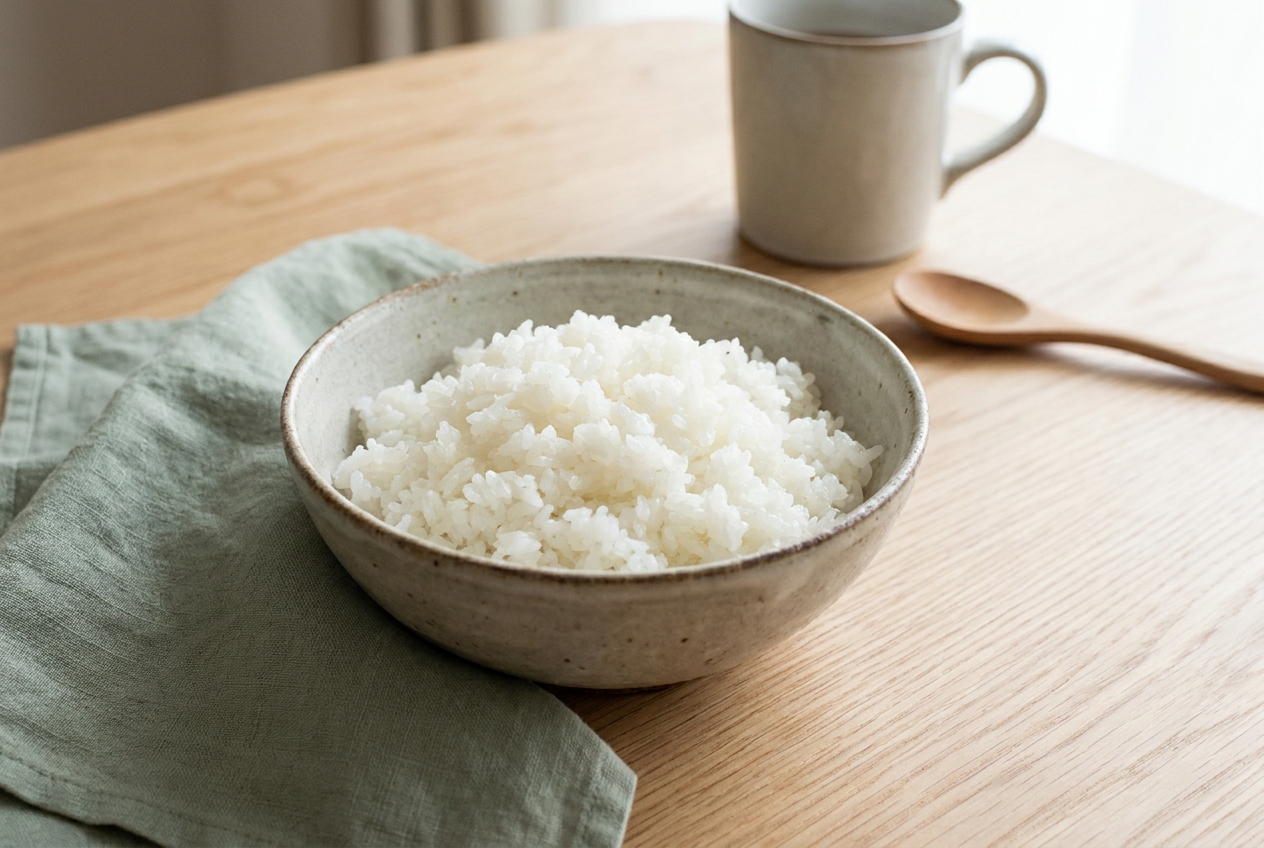 A bowl of cooked-and-cooled white rice, gentler on blood sugar than hot fresh rice