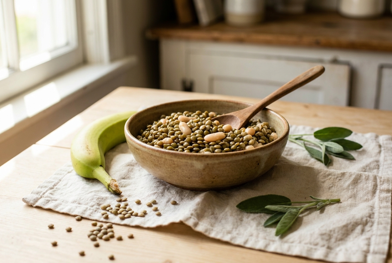 Cooked lentils and beans with a green banana — blood-sugar-friendly resistant starch foods