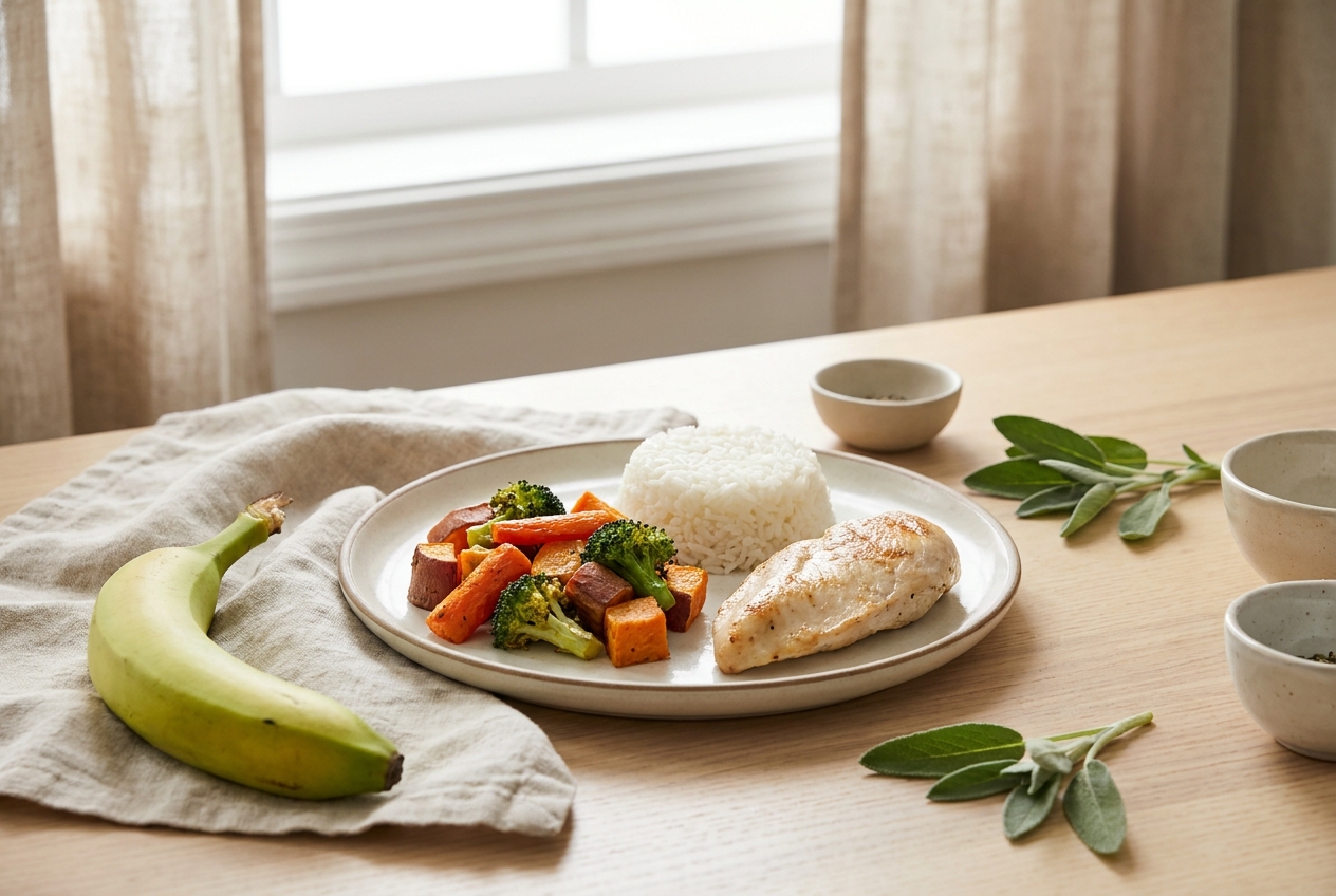 A balanced plate with cooked-and-cooled rice, roasted vegetables, protein and a green banana