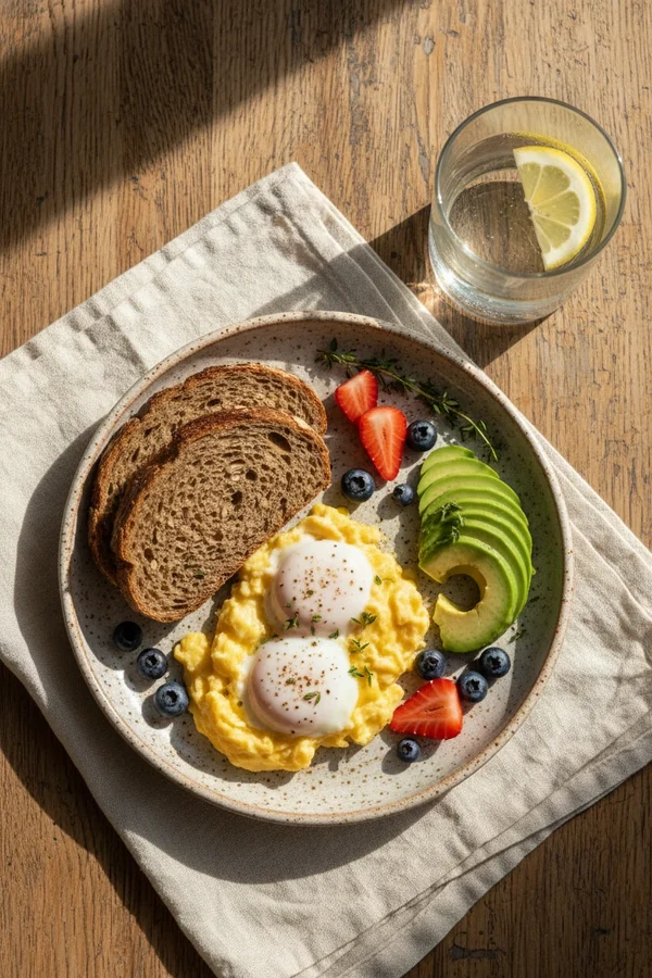 Simple breakfast plate with eggs, toast, avocado, berries, and water on a wooden table