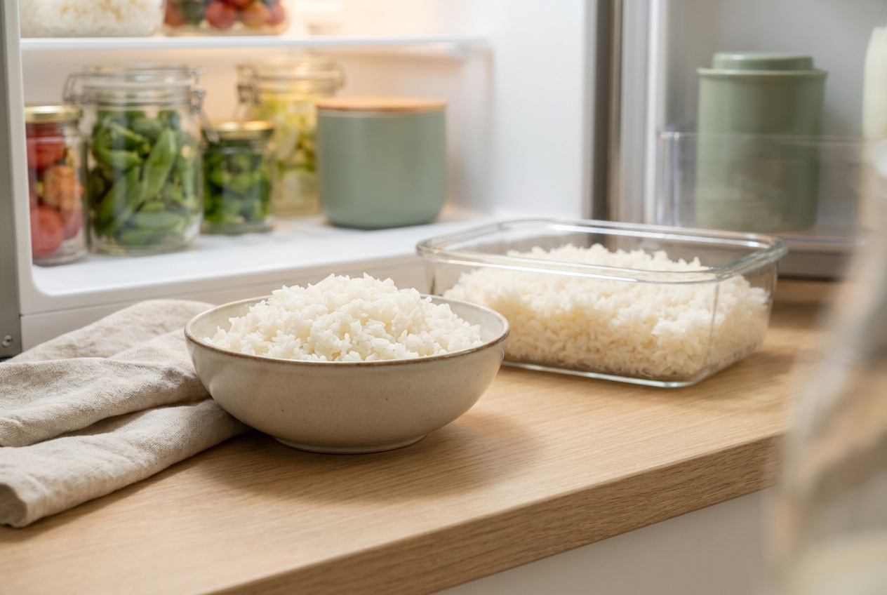 Cooked white rice cooling in the fridge — the cook-and-cool trick that increases resistant starch