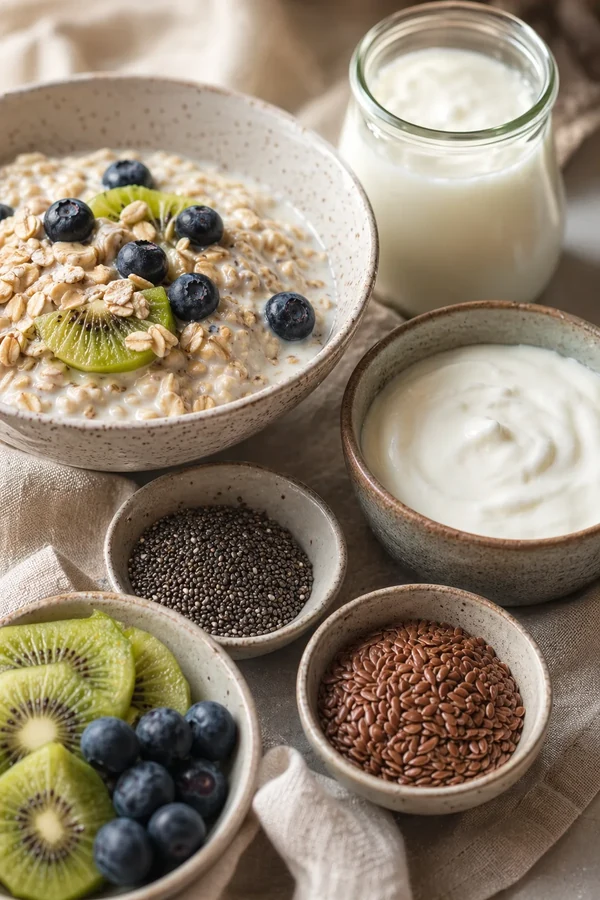 Small bowl of overnight oats with yogurt, chia, flaxseed, kiwi, and blueberries