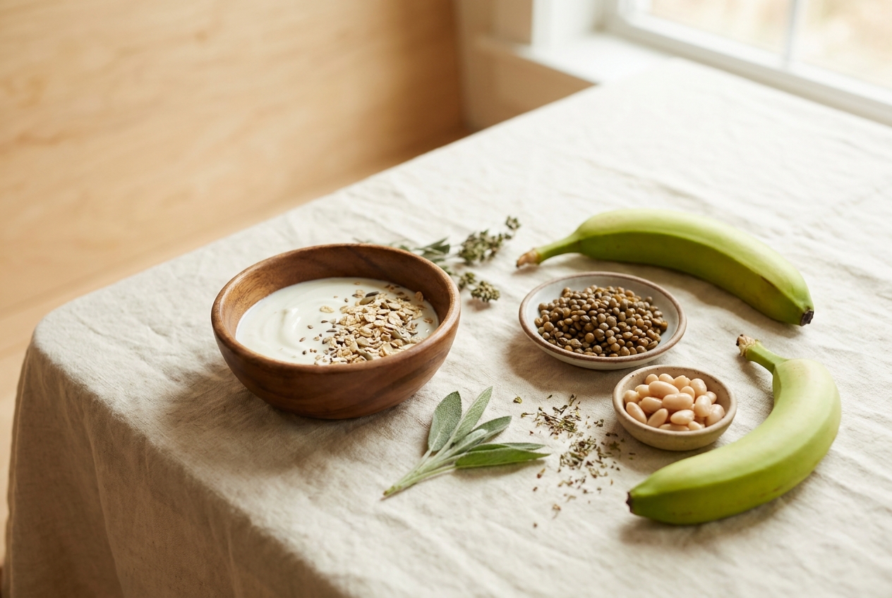 Gut-friendly high-fiber foods: yogurt, oats, lentils, beans and green banana that feed butyrate