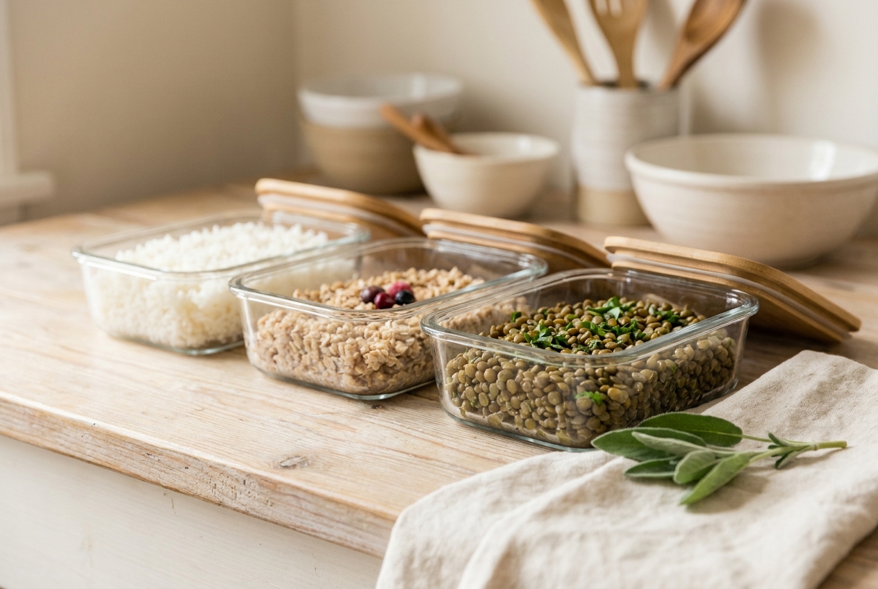 Meal-prep containers of cooked-and-cooled rice, oats and lentils for resistant starch
