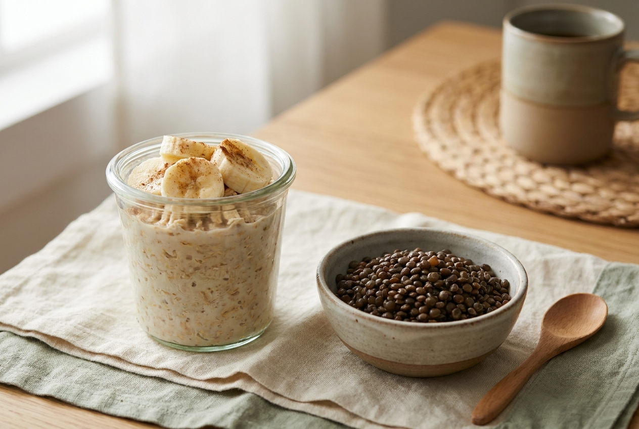 A jar of cooled oats with banana and a bowl of lentils — grab-and-go resistant starch