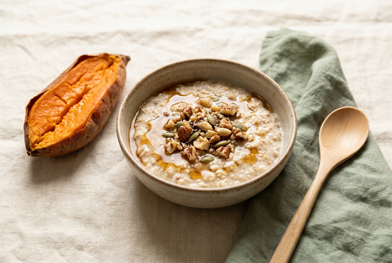 Cooled overnight oats and a halved sweet potato — easy daily resistant starch foods
