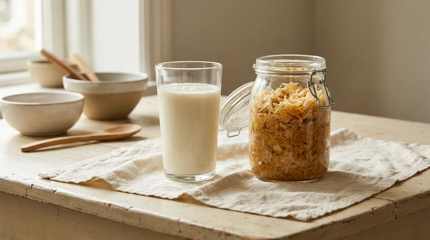 A glass of milk kefir beside a jar of sauerkraut, two food-first starting points side by side