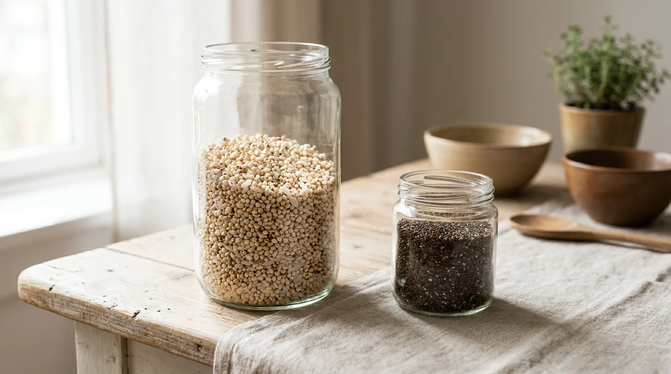 A large jar of light puffed grains beside a small jar of dense seeds, showing volume versus weight