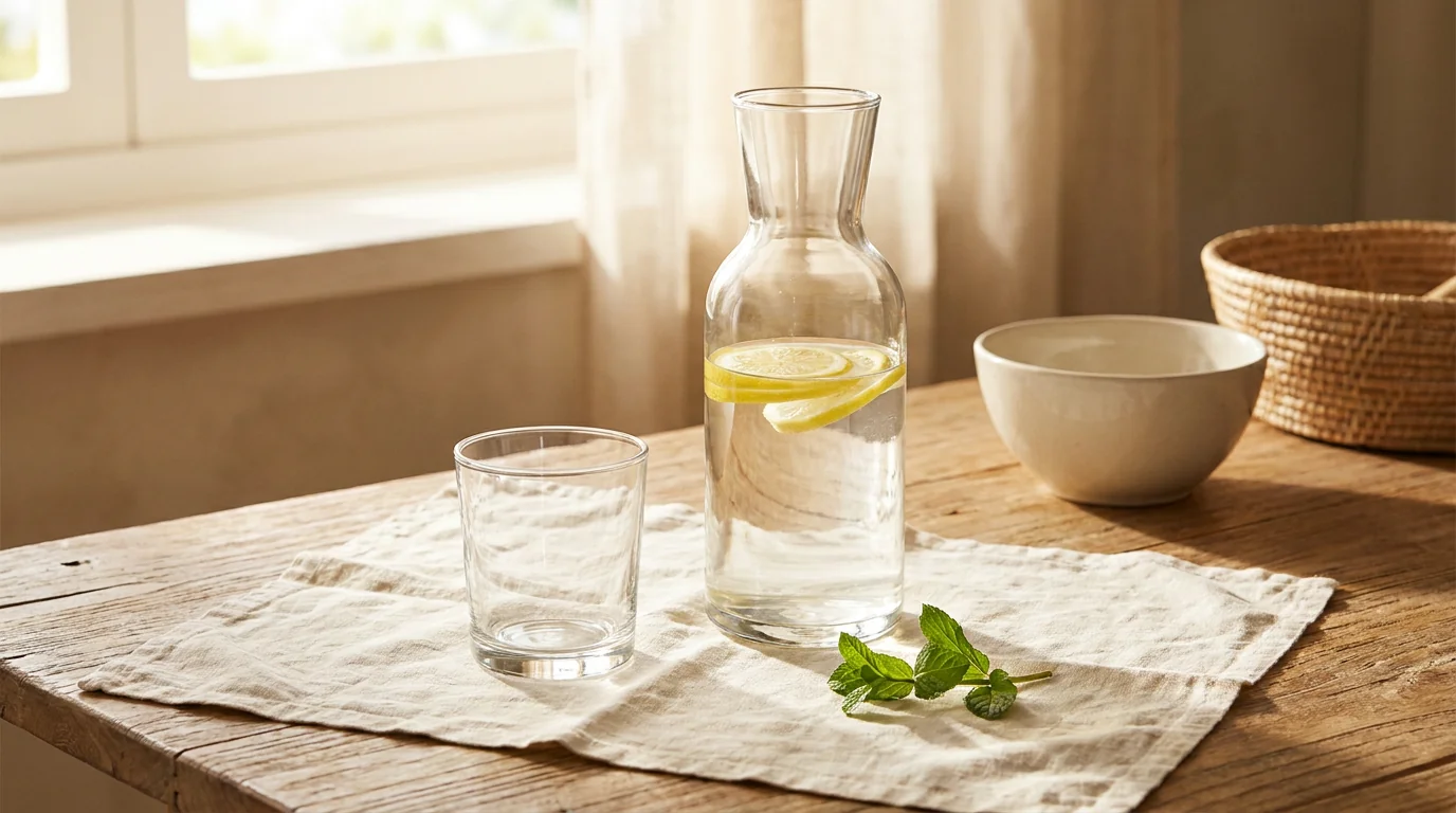 A glass carafe of water with lemon slices on cream linen in soft daylight