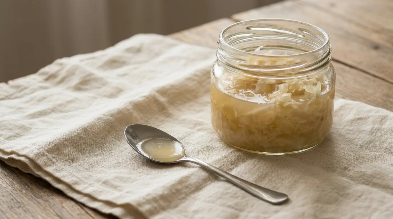A single teaspoon of sauerkraut brine beside its glass jar
