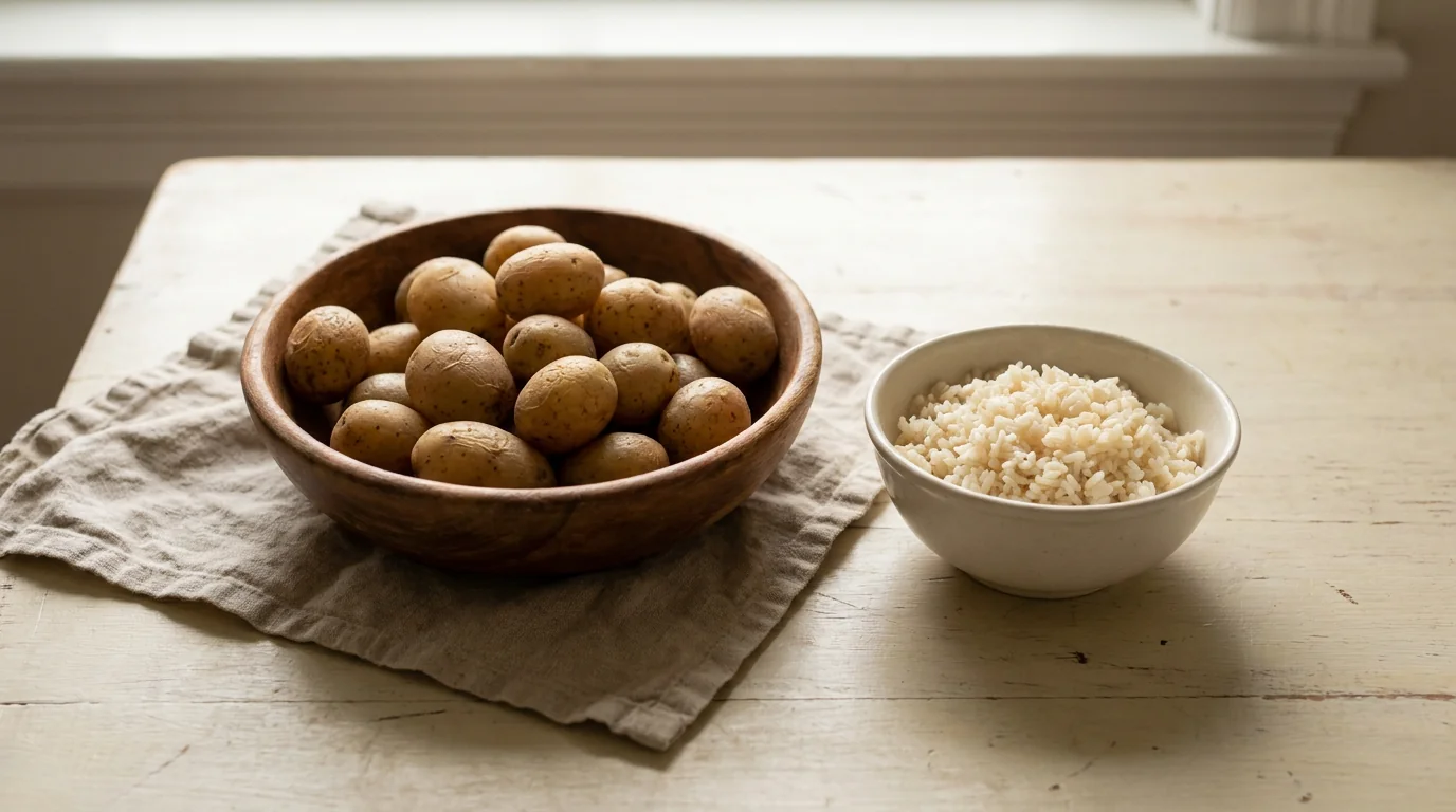 Cooked and cooled potatoes and rice in a wooden bowl, a source of resistant starch