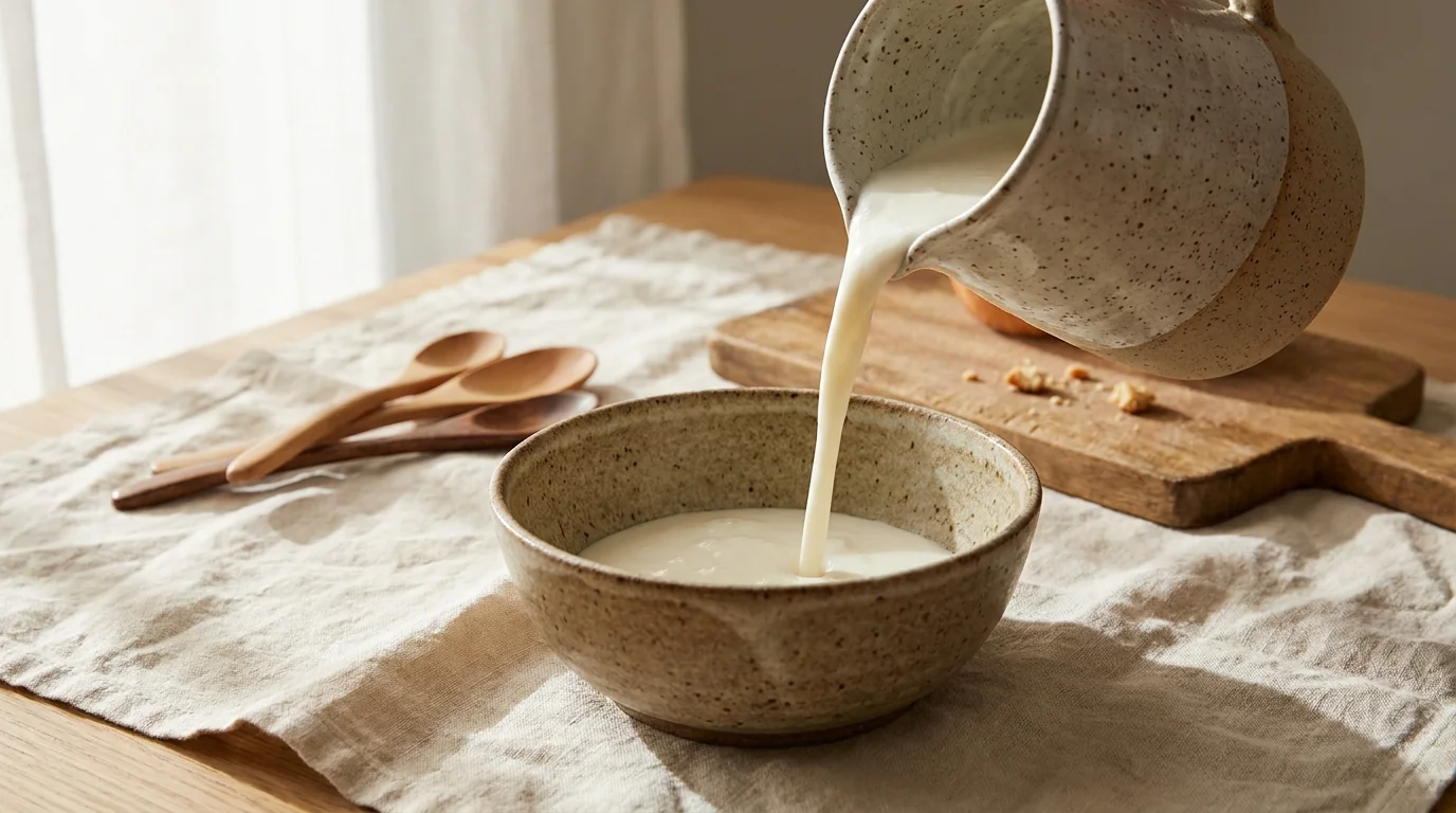 Milk kefir being poured into a rustic ceramic bowl in soft morning light