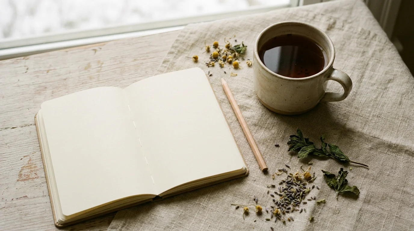 An open blank notebook beside a warm mug on a linen-covered table