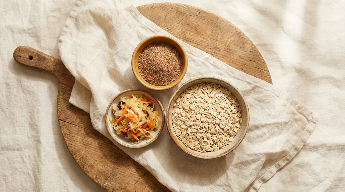 Ground flaxseed, fermented vegetables and oats arranged together on a wooden board
