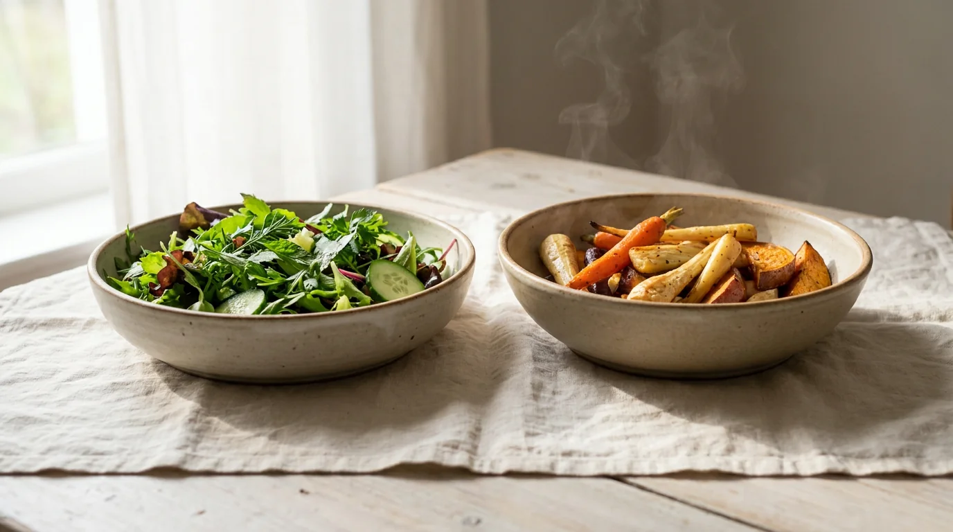 A fresh raw salad beside a bowl of warm cooked vegetables, side by side on linen