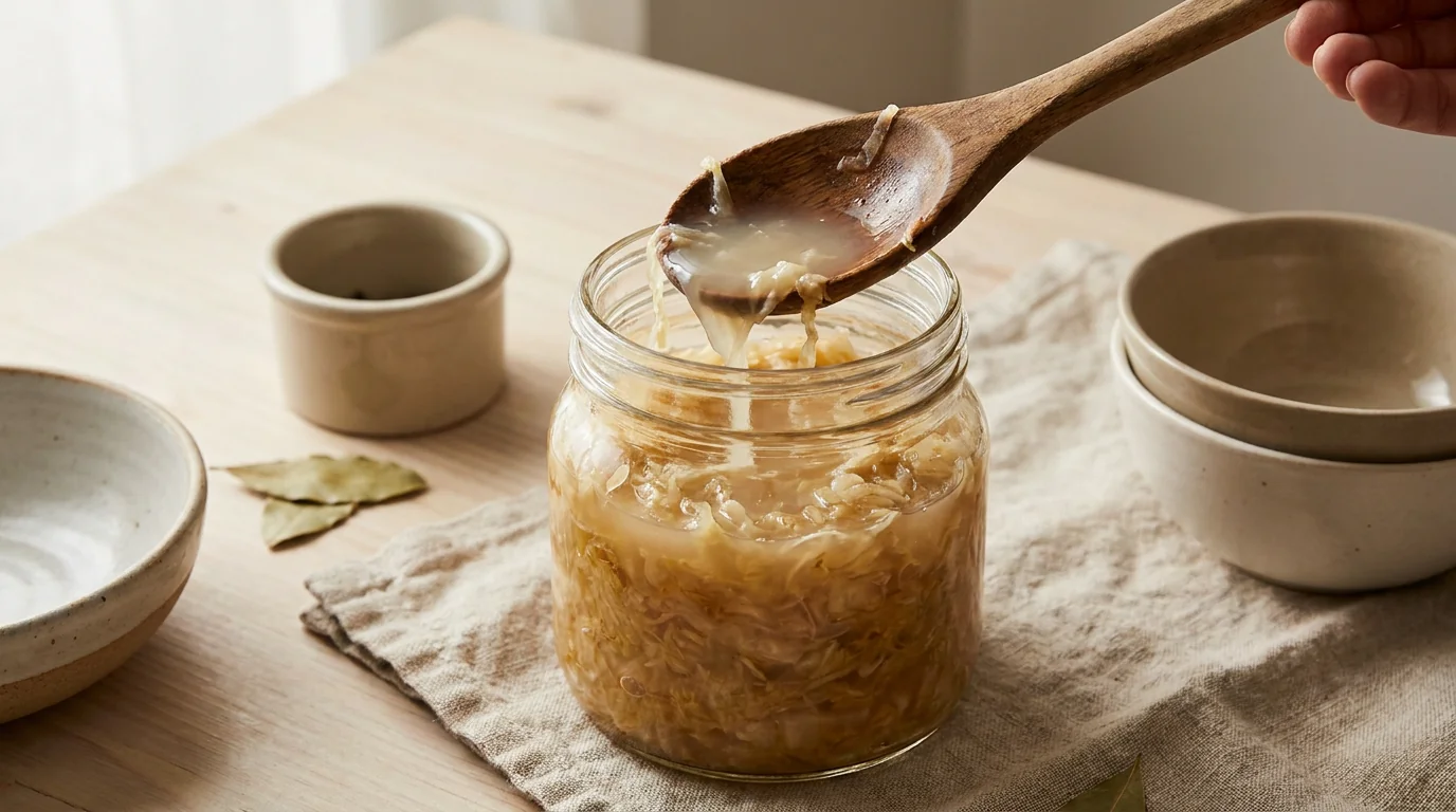 A spoonful of sauerkraut brine lifted from a glass fermentation jar