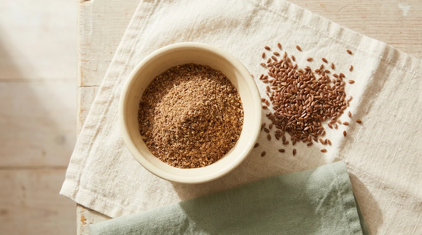 Whole flaxseeds beside freshly ground flaxseed meal in a ceramic bowl on cream linen