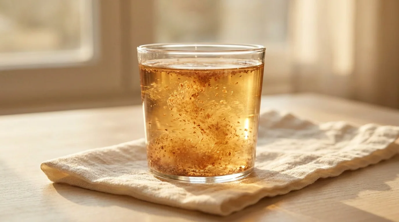 Ground flaxseed dispersing into warm water in a clear glass, catching golden light