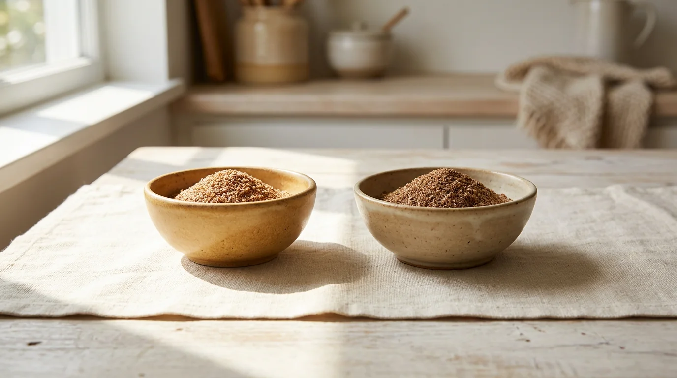 Two identical bowls of ground flaxseed, one in bright daylight and one in soft shade