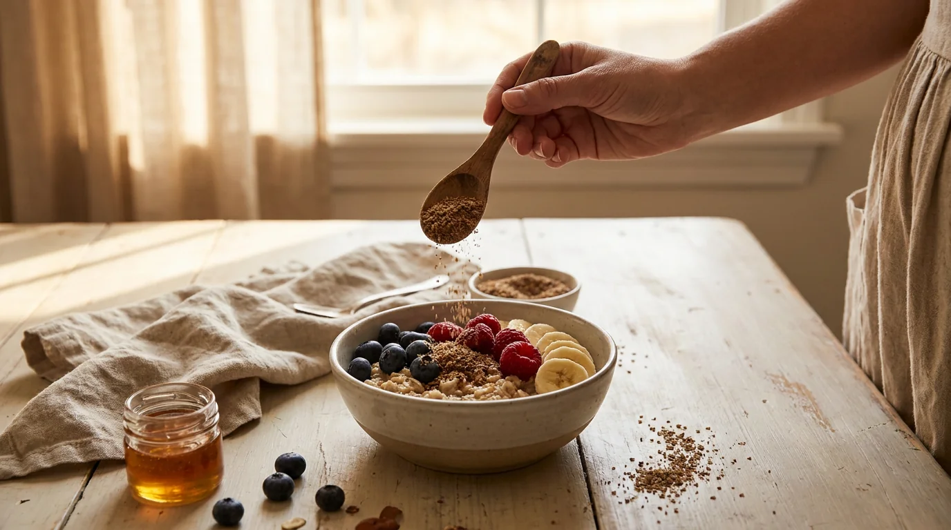 A hand sprinkling ground flaxseed over a bowl of oats in warm morning light