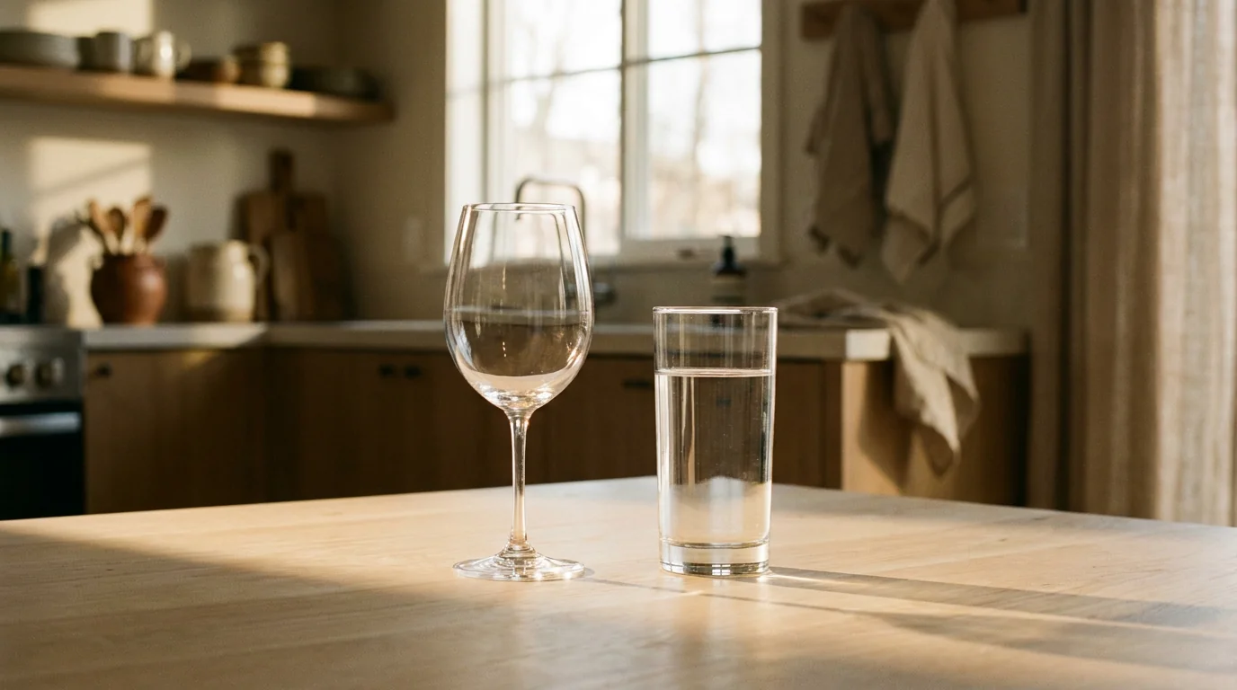An empty wine glass beside a tall glass of water on a kitchen table in early morning light