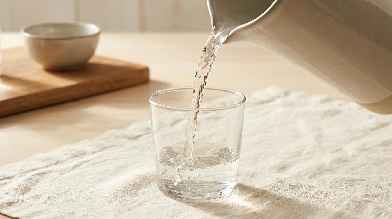 Water being poured into a clear glass, light refracting through the moving water