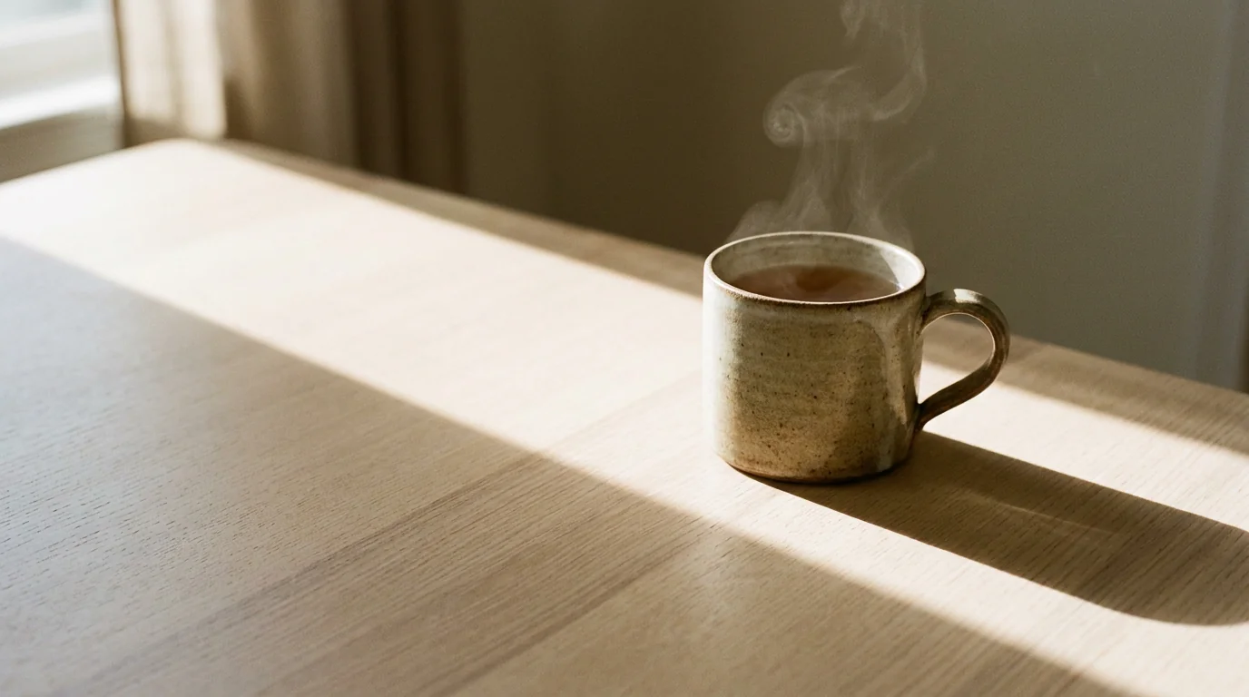 A mug of herbal tea on a wooden table with a band of morning sunlight moving across the surface