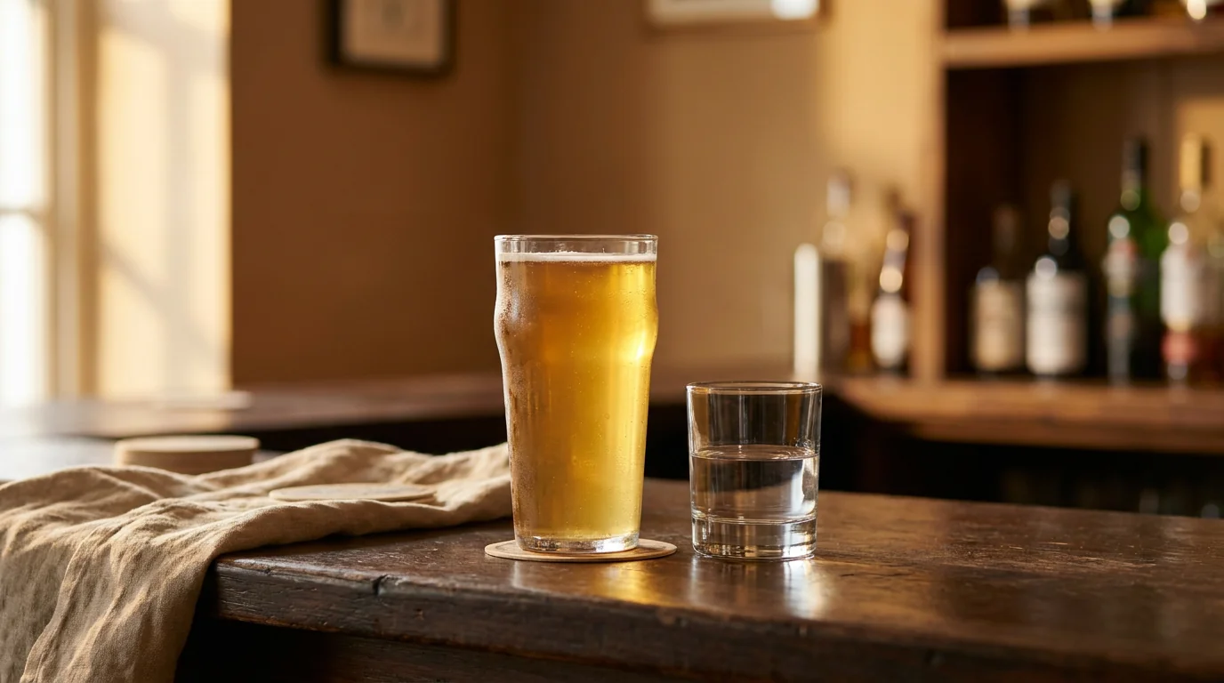 A pint of pale beer beside a small glass of clear spirit on a dark wooden bar top