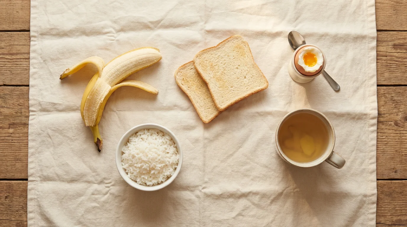 Overhead flat-lay of recovery foods: banana, plain rice, dry toast, egg and ginger tea on cream linen