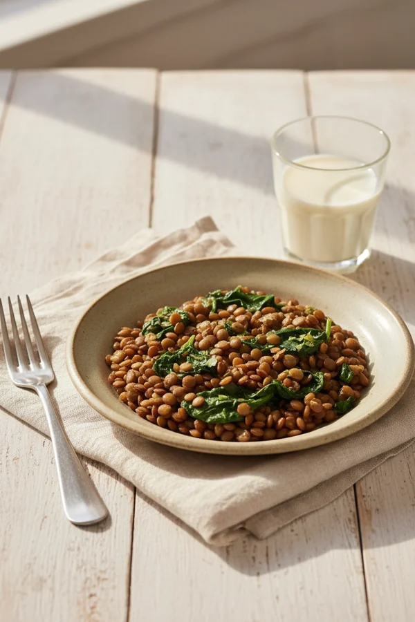 a plate of lentils and spinach beside a glass of milk in one meal setting